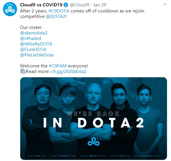 Cloud9俱乐部发文宣布退出《DOTA2》 重启刚三月