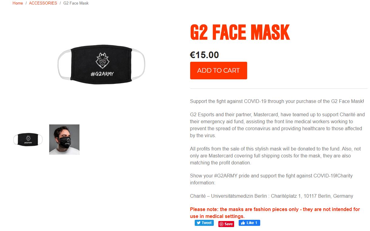 电竞俱乐部G2推出专属口罩 定价117元收益全部捐出