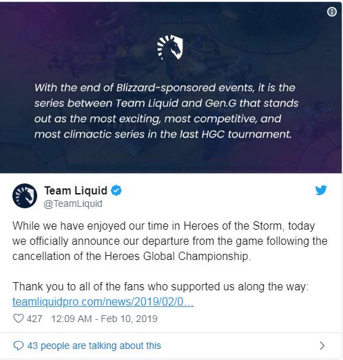 Team Liquid宣布解散《风暴英雄》战队 直言暴雪不负责