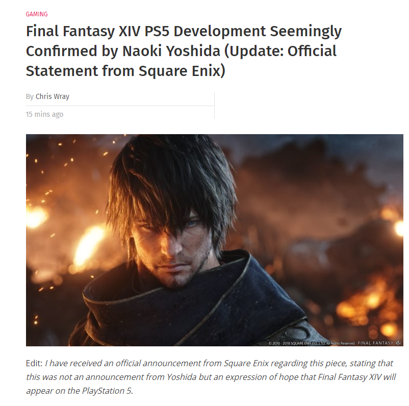 吉田直树希望《最终幻想14》有一天能登陆PS5