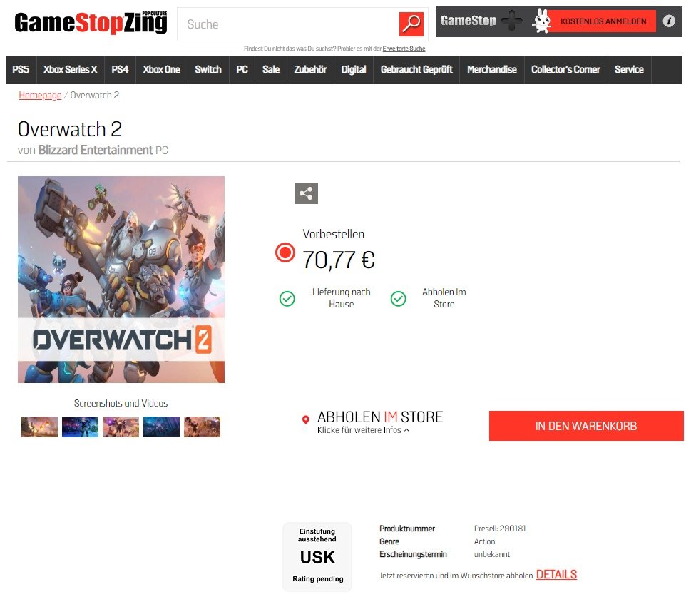 《守望先锋2》上架GameStop德国网站 售价70.77欧元