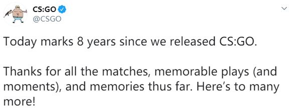 《CS:GO》发售8周年 官方感谢玩家创造的珍贵记忆