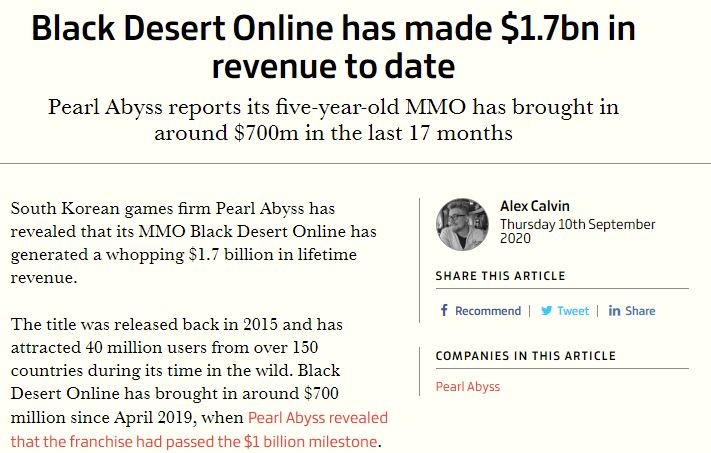 《黑色沙漠》累计收益达17亿美元 吸引玩家超4千万