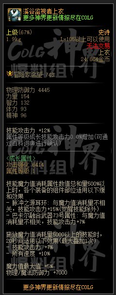 DNF溪谷监视者上衣属性一览