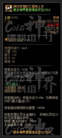DNF满怀梦想的工程师上衣属性一览