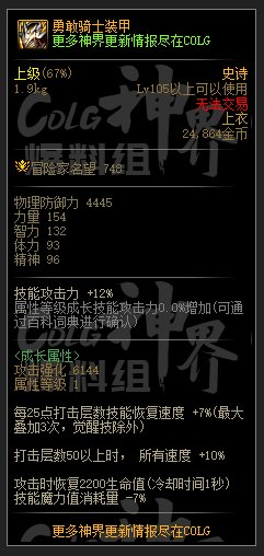 DNF勇敢骑士胸甲属性一览