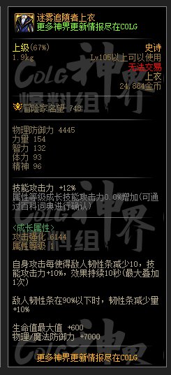 DNF迷雾追随者上衣属性一览