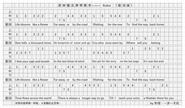 原神Rubia琴谱一览