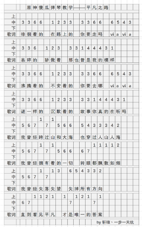 原神平凡之路琴谱一览