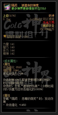 DNF隔阂被遗弃的神意属性一览