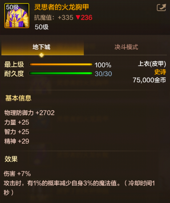 dnf手游灵思者的火龙胸甲属性效果一览
