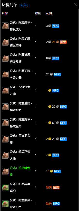 魔兽世界wlk附魔1-450准备材料