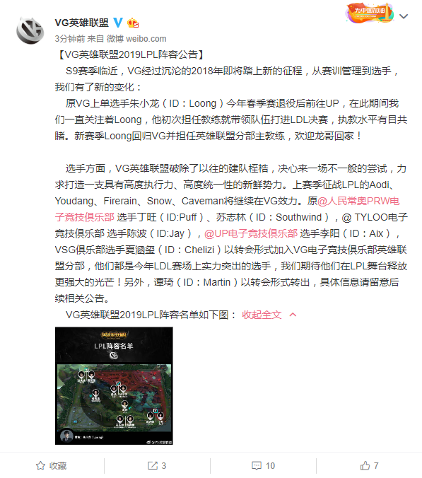 VG战队发布2019LPL阵容公告，Loong回归担任主教练