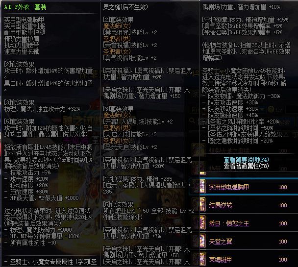 《DNF》100神话防具属性一览