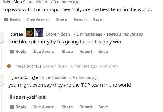 《LOL》Reddit热议决赛：用卢锡安上单都能赢，TES世界第一没跑了